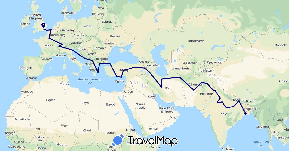 TravelMap itinerary: driving in Afghanistan, Belgium, Switzerland, France, United Kingdom, Greece, Croatia, India, Iran, Italy, Macedonia, Nepal, Pakistan, Turkey (Asia, Europe)